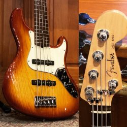 Occasion – Fender American Deluxe Jazz Bass V Ash (2004-2010), touche palissandre, Tobacco Sunburst.